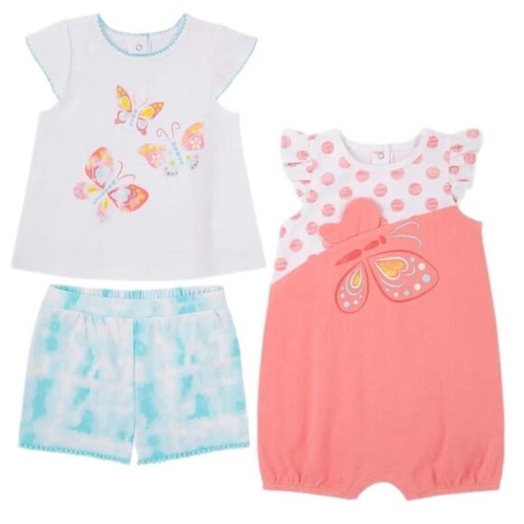 Baby Kids Headquarters Girl's Butterfly 3 Piece Romper Short Set 6 Month NWT - Picture 1 of 8